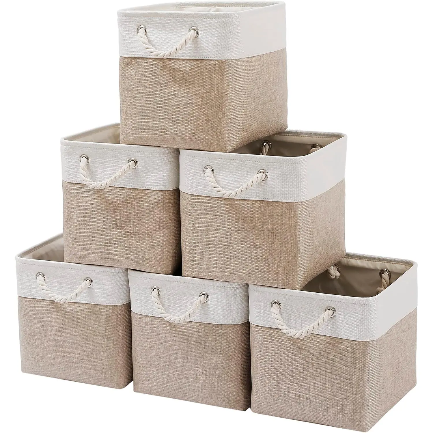 11 x 11 Inch Cube Storage Bins, 6 Pack Large Collapsible Fabric Storage Bin with Ropes, Foldable Storage Cubes for , Office,Closet, Clothes, Toys Organizer (White & Beige-11"x11"x11")