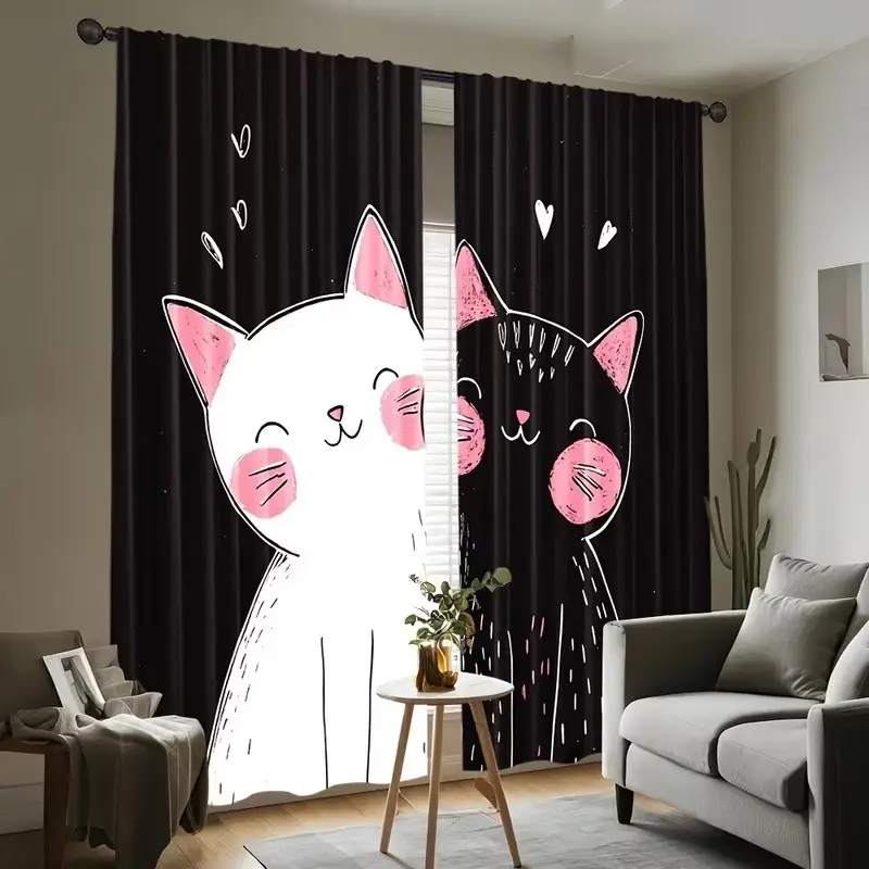 2 Piece Polyester Animal Theme Curtains, Cute Cat Pattern Rod Pocket Drapes, Bedroom and Living Room Decor, 2D Design