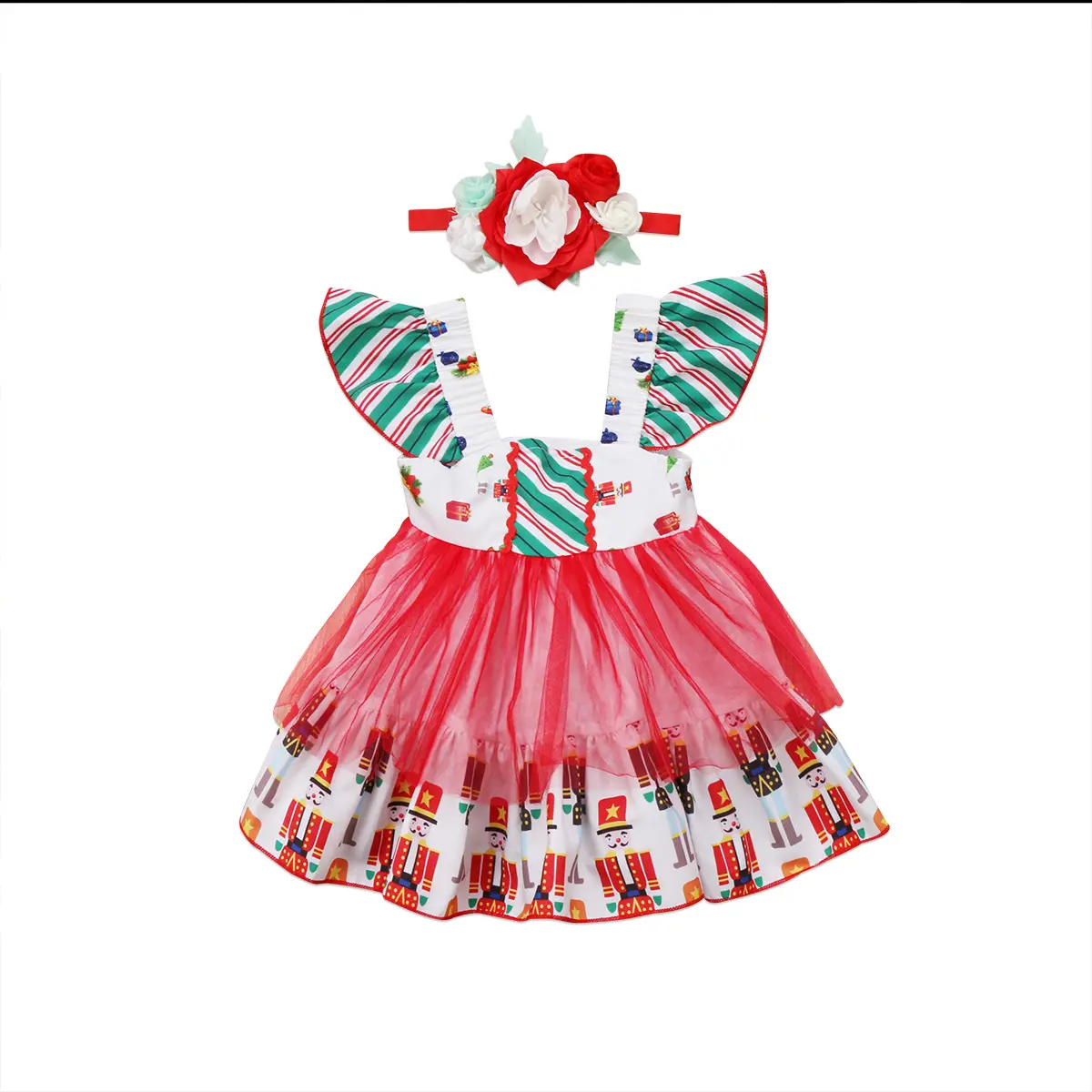 Toddler Baby Girl 2Pcs Nutcracker Print Tulle Dress Outfit Ruffle Strap Tutu Skirt Matching Floral Bow Headband Kids Holiday Party Outfit