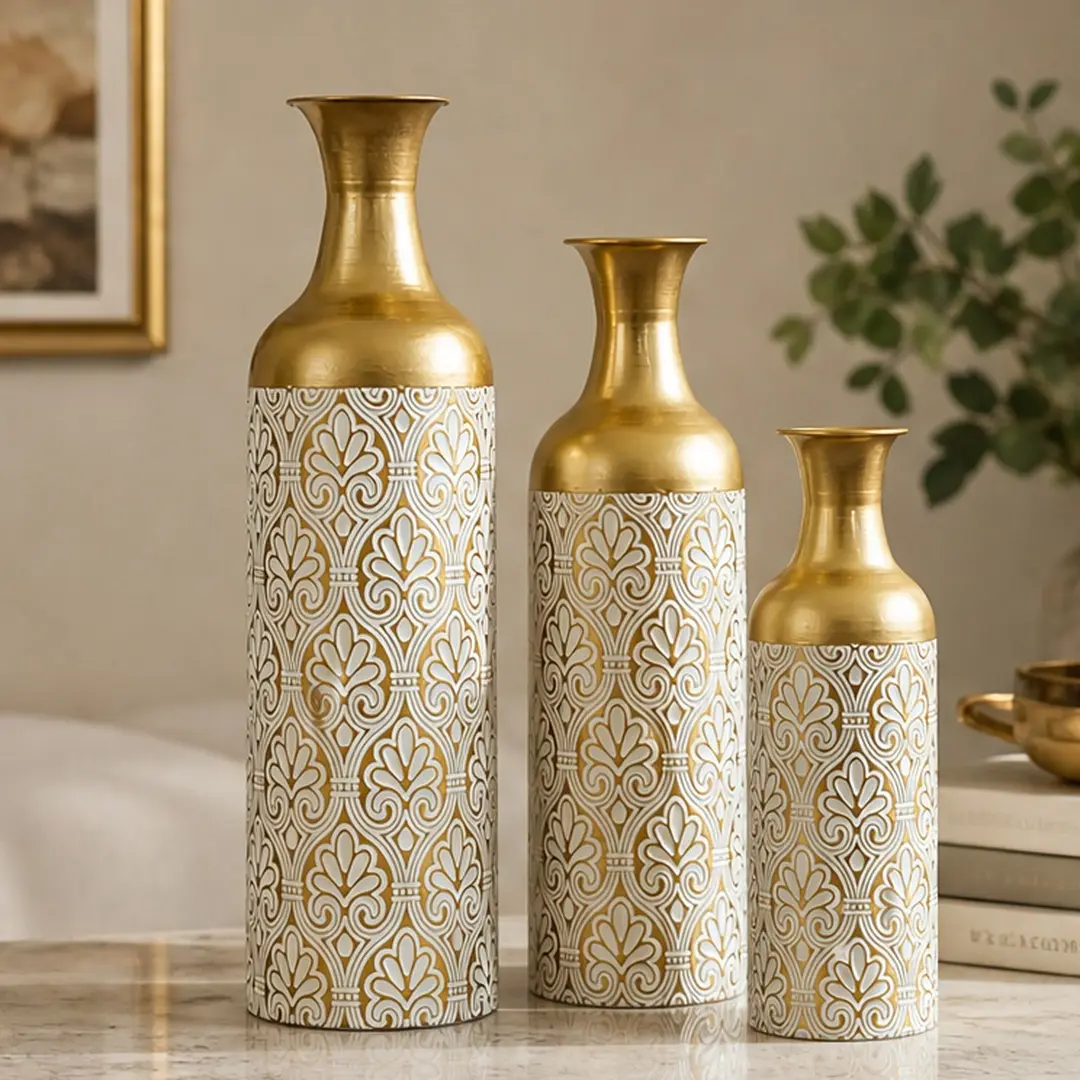 ARCH 3-Piece Gold White Iron Decorative Vases - Tall Ornate Metallic Cylinder Vases with Embossed Pattern, Gold-Themed Dried/Artificial Flower Holders, Modern Luxury Antique Entryway Table Centerpiece (Color Options Available), Ornate Metallic Vases