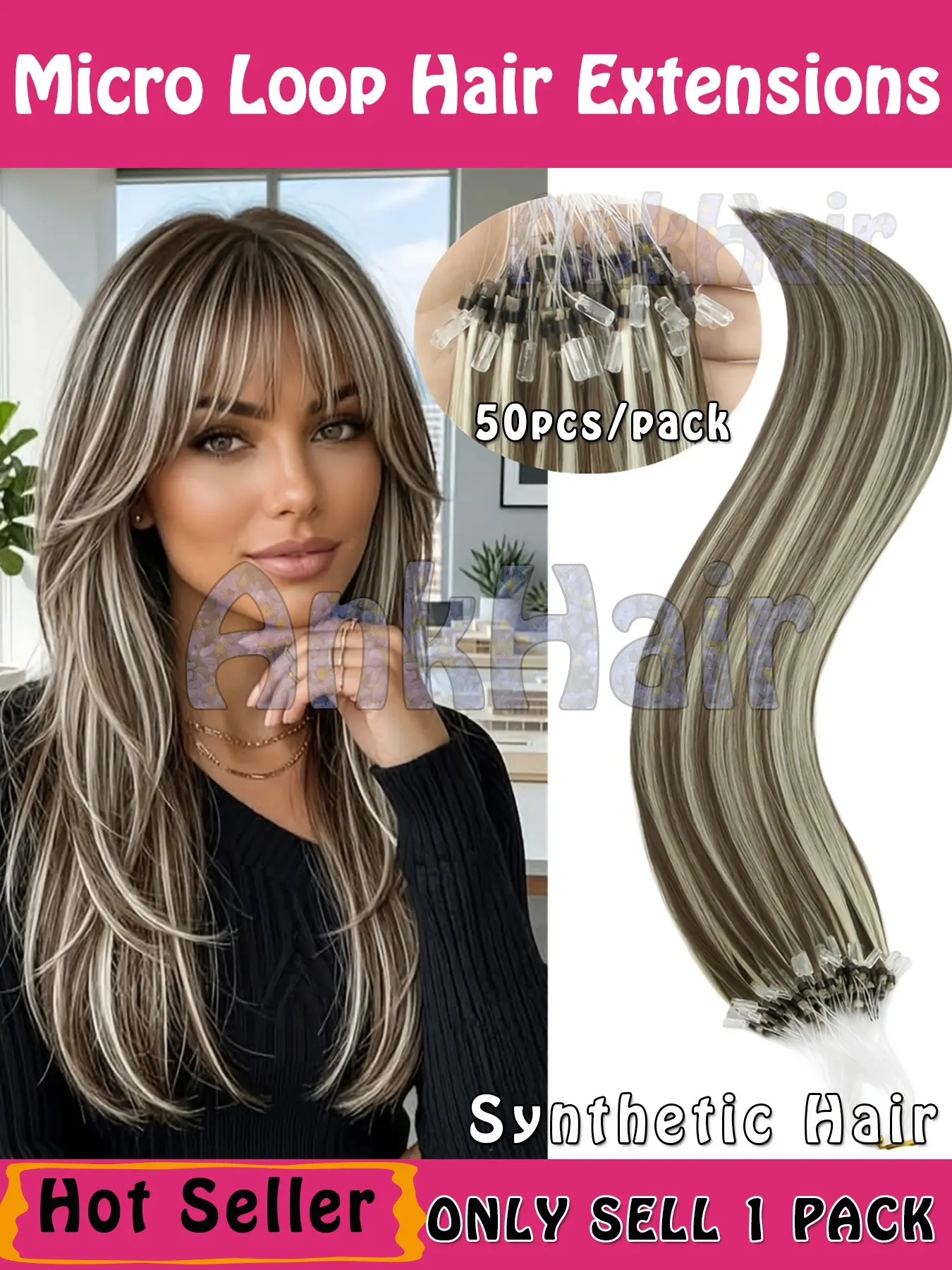Synthetic Microlink Hair Extensions, Artificial Hair Extension, High Temperature Fiber Micro Loop Invisible Hair Extensions, Micro Bead Hair Extensions Add Volume for Women, Straight Hair Extension, Mix Colors Hair, 50Strands/Pack, 50G, 20Inch
