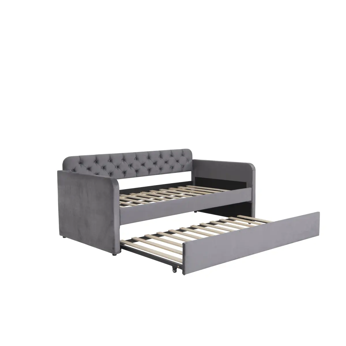 Dark Grey Velvet American Design Fabric-Tufted Twin Size Upholstered Daybed - Metal Frame, Trundle Bed with Wheels, USB Charging, 81.7"l x 41.7"w x 34.4"h, 600lbs Capacity, Sofa Bed for Living Room/Bedroom, Assembly Required, No Box Spring Needed