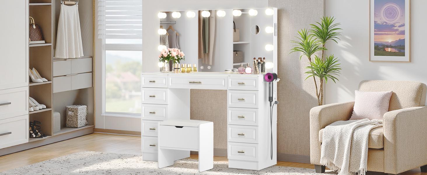 VOWNER Vanity with Lighted Mirror - Glass Top Makeup Vanity Desk w/Bluetooth Speaker, 14 Lights and 11 Drawers, 3 Color Lighting Modes Adjustable Brightness, Makeup Desk with Outlet for Bedroom, White