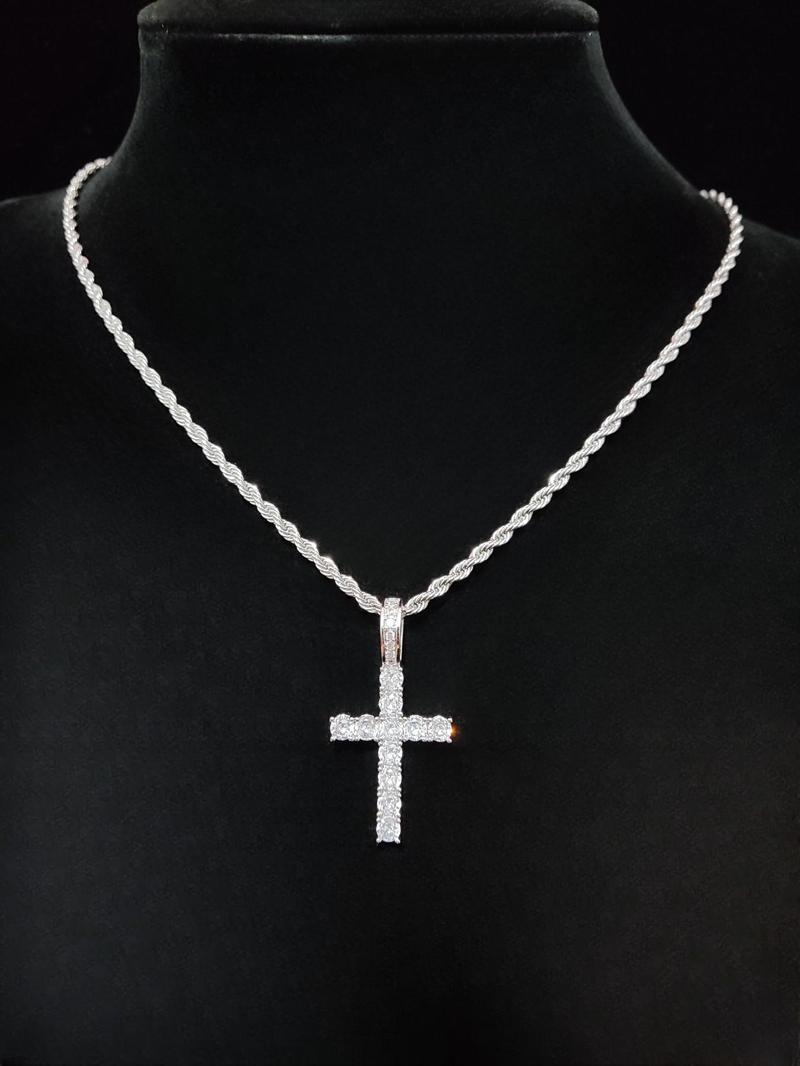 Street Style Artificial Zircon Inlaid Iced Out Cross Pendant & Cuban Chain Necklace, Fashion Jewelry for Party, Daily Clothing Decor, Trendy All-match & Exquisite Jewelry for Birthday Gift