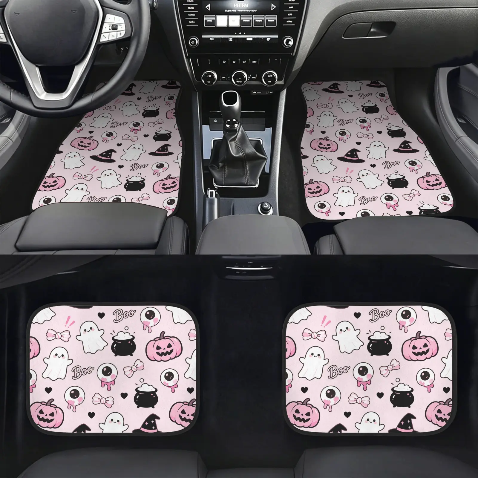 4-Piece Pumpkin & Black Cat Pattern Car Floor Mats, Minimal Cute Halloween Cars Accessories, Waterproof Anti-Slip Front Rear Mats, Universal Fit for Sedans, SUVs, Trucks Year-Round Use