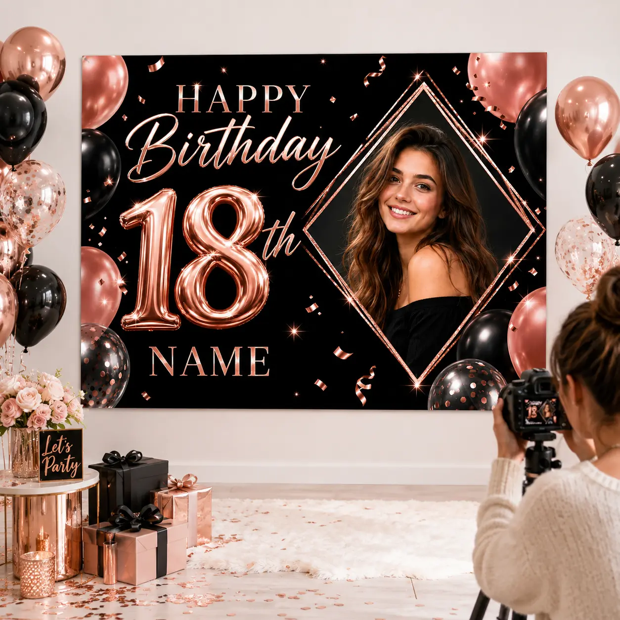 Rose Gold 18th Birthday Backdrop Banner Black Luxury Party Decoration Personalized Photo Background Wall Tapestry