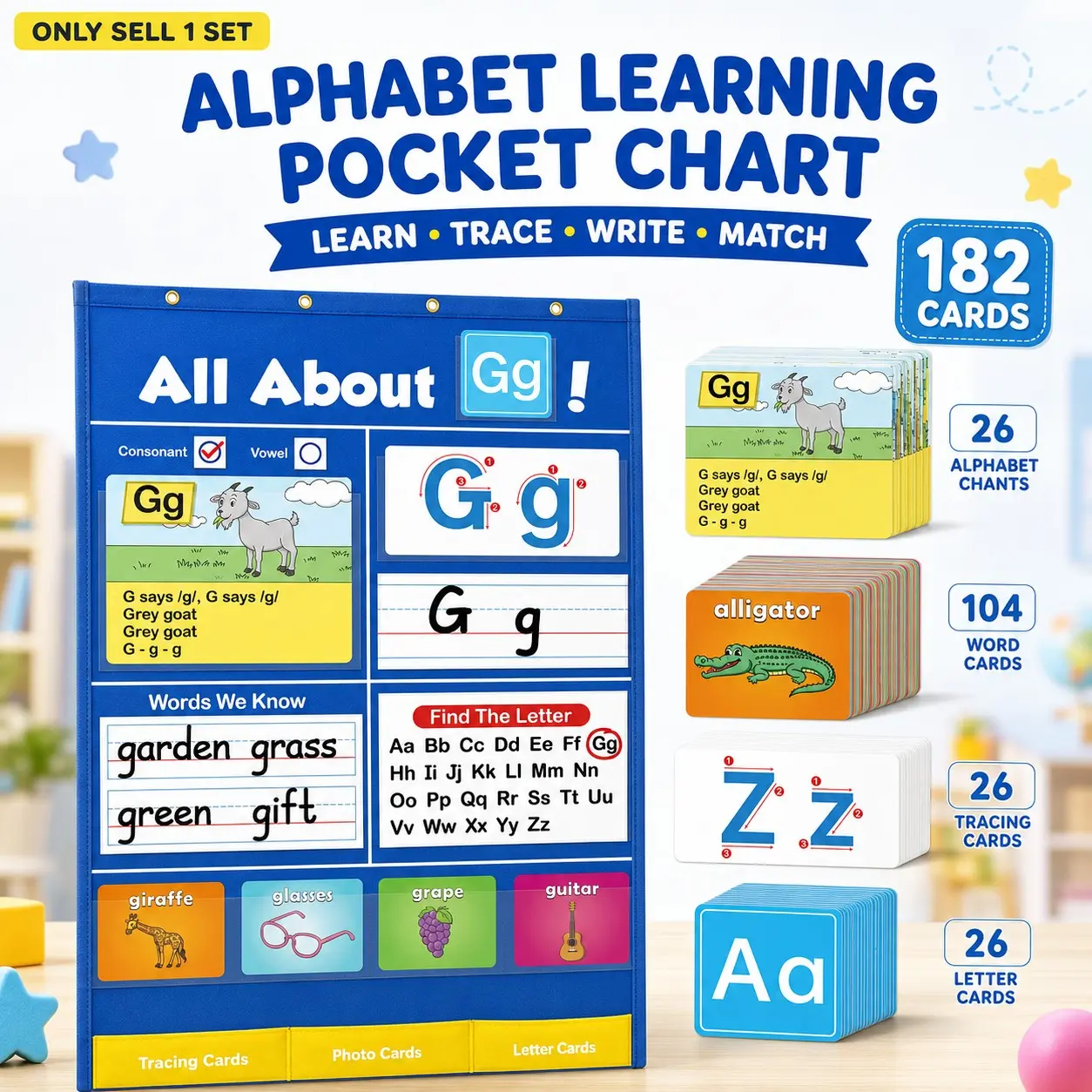 Alphabet Learning Pocket Chart, Alphabet Wall Chart With ABC Flash Cards and Learning Games, Letter Recognition, Tracing and Handwriting Practice Activities for Preschool, Kindergarten, Homeschool and Classroom