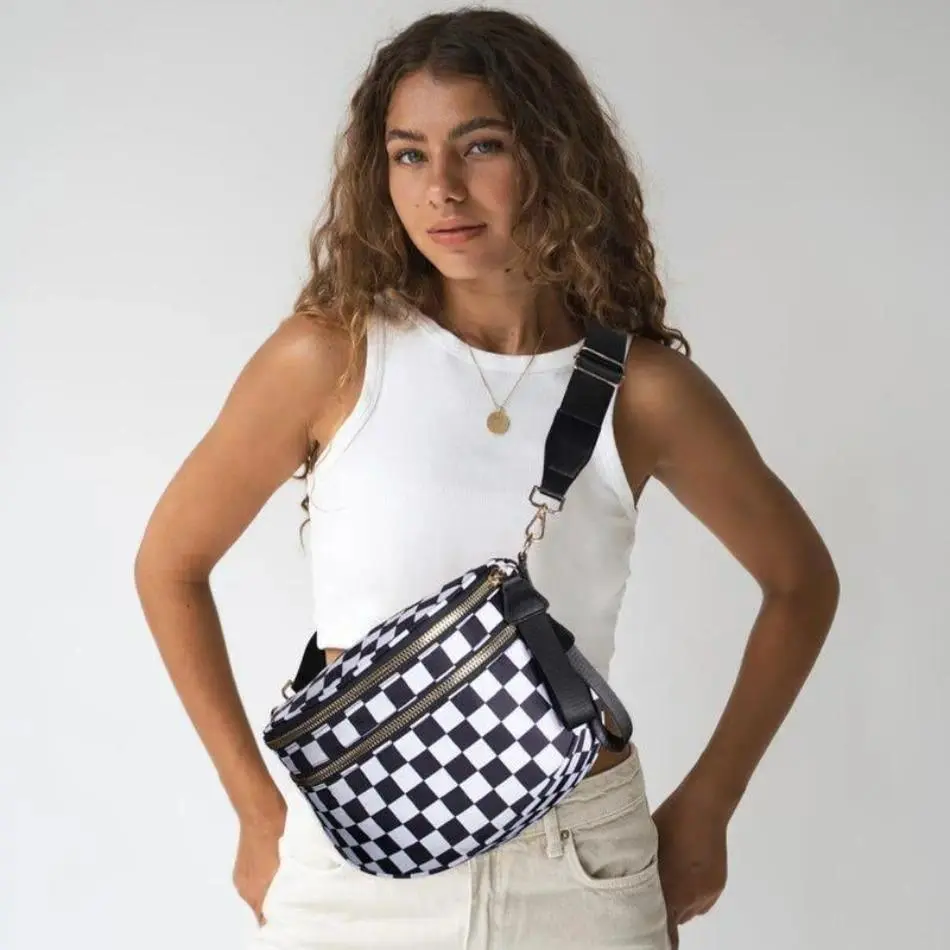 2026 New Checkerboard Print Women's Nylon Crossbody Bum Bag - Detachable Shoulder Strap, Waterproof, Spacious Gym Outdoor Accessory For Casual Daily Travel, Checkerboard Print Women's Handbags, Detachable Shoulder Strap Women's Handbags