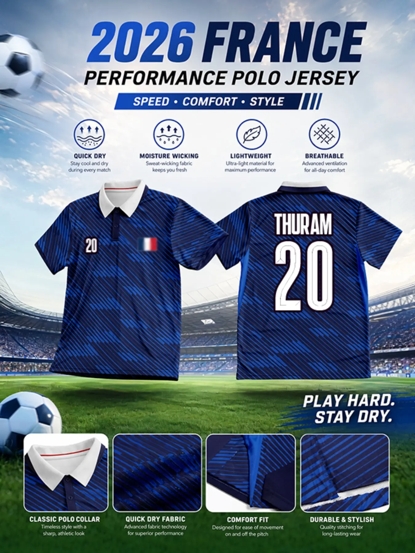 2026 France National Team Soccer Jersey, Blue Diagonal Stripe, Quick-Dry Breathable Short Sleeve, Sporty Fitted Training T-Shirt