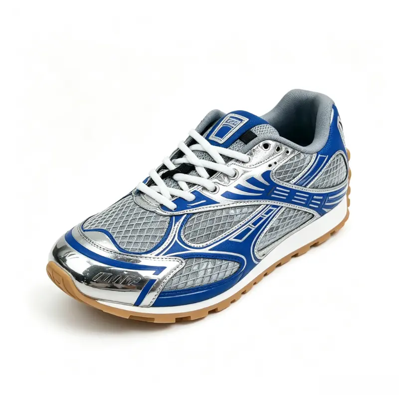 Blue Silver Metallic Mesh Retro Lace Up Sneakers Unisex Gum Sole Casual Running Trainers Keywords: lightweight gum tread sneakers, breathable vintage street athletic shoes