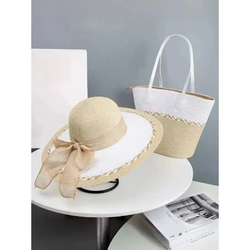 Women's 2-Piece Woven Colorblock Tote Bag & Foldable Sun Hat Set, Lightweight Viral Funky Baroque Matching Accessory Combo for Summer Beach Vacation, Two-Pieces
