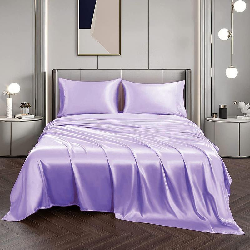 Solid Color Satin Bedding Set, Satin Bed Sheets, 3/4 Counts Luxury Includes 1 Flat Sheet, 1 Fitted Sheet, and 1/2 Pillowcase without Filler, Room Accessories Soft Mattress Protector, Twin, Full, Queen, King #TOP PICKS