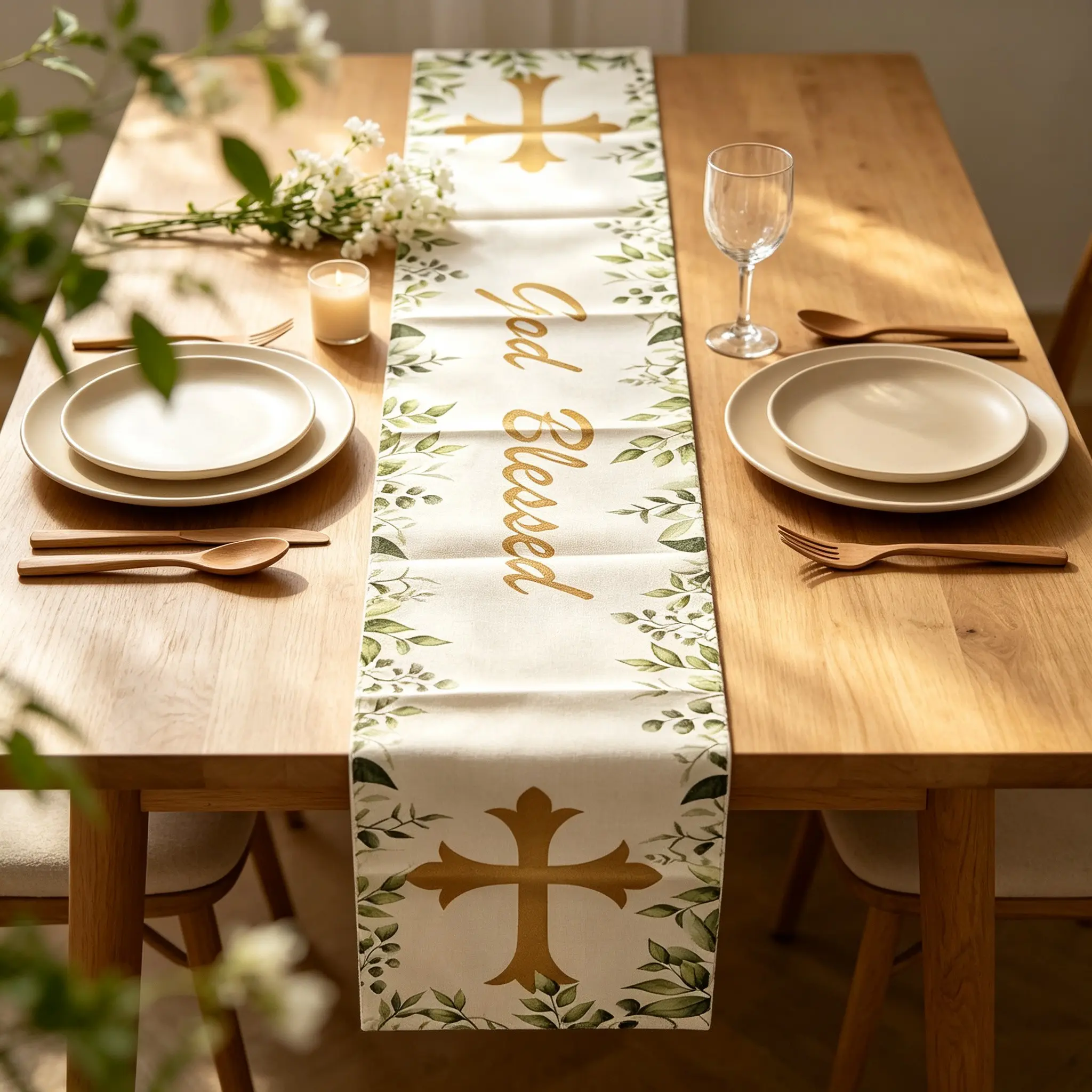 Cross Table Flag, Elegant Cross Motif, Leaf Border Placemat, Decorative Fabric Table Runner, Ideal for Dining Table, Kitchen, Party, Home Decoration