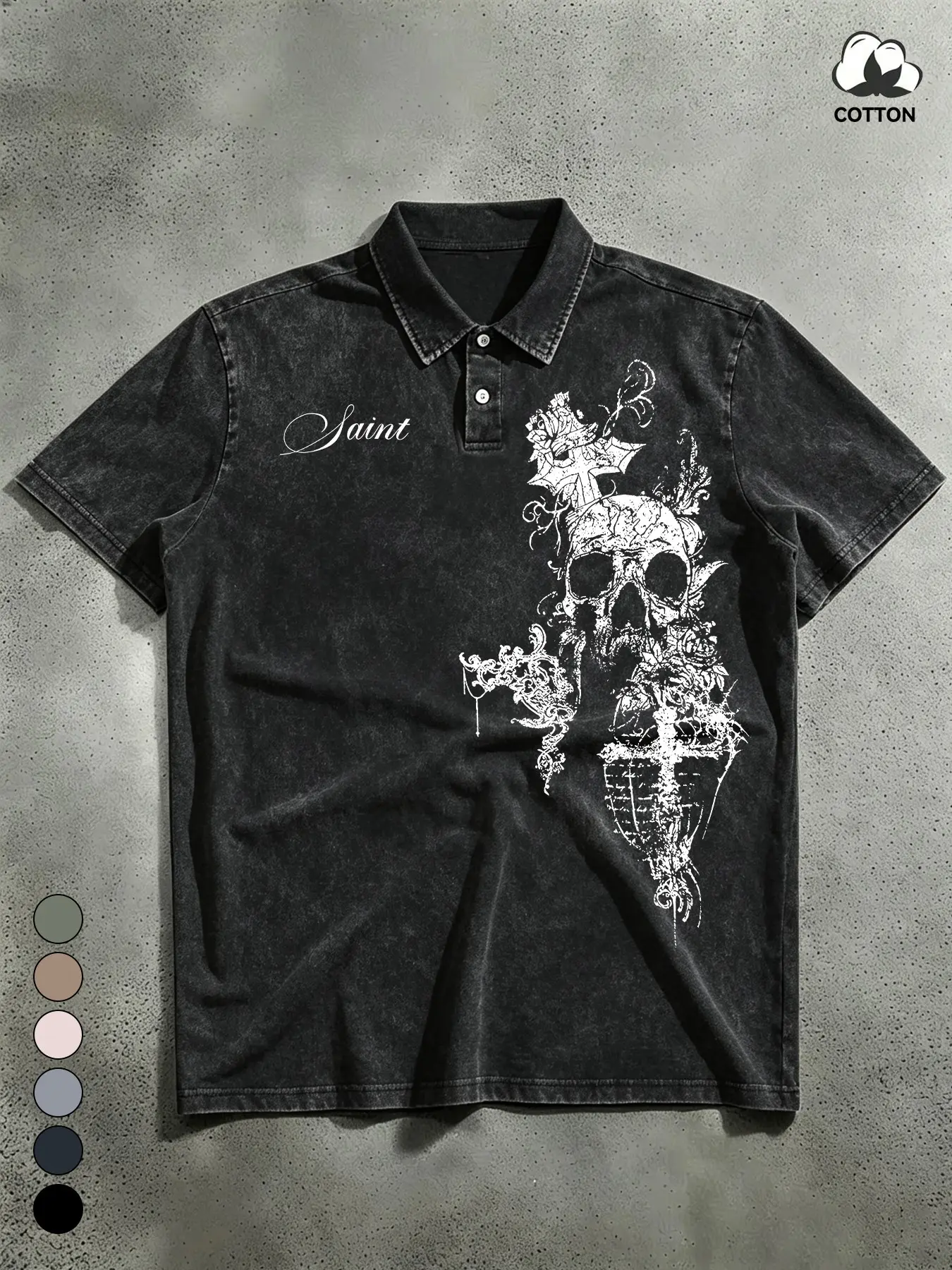 Men's Washed Cotton Short Sleeve Polo Shirt, Loose Fit Casual Top, Gothic Skull Cross Rose Print, Breathable Retro Collar, Summer Daily Wear
