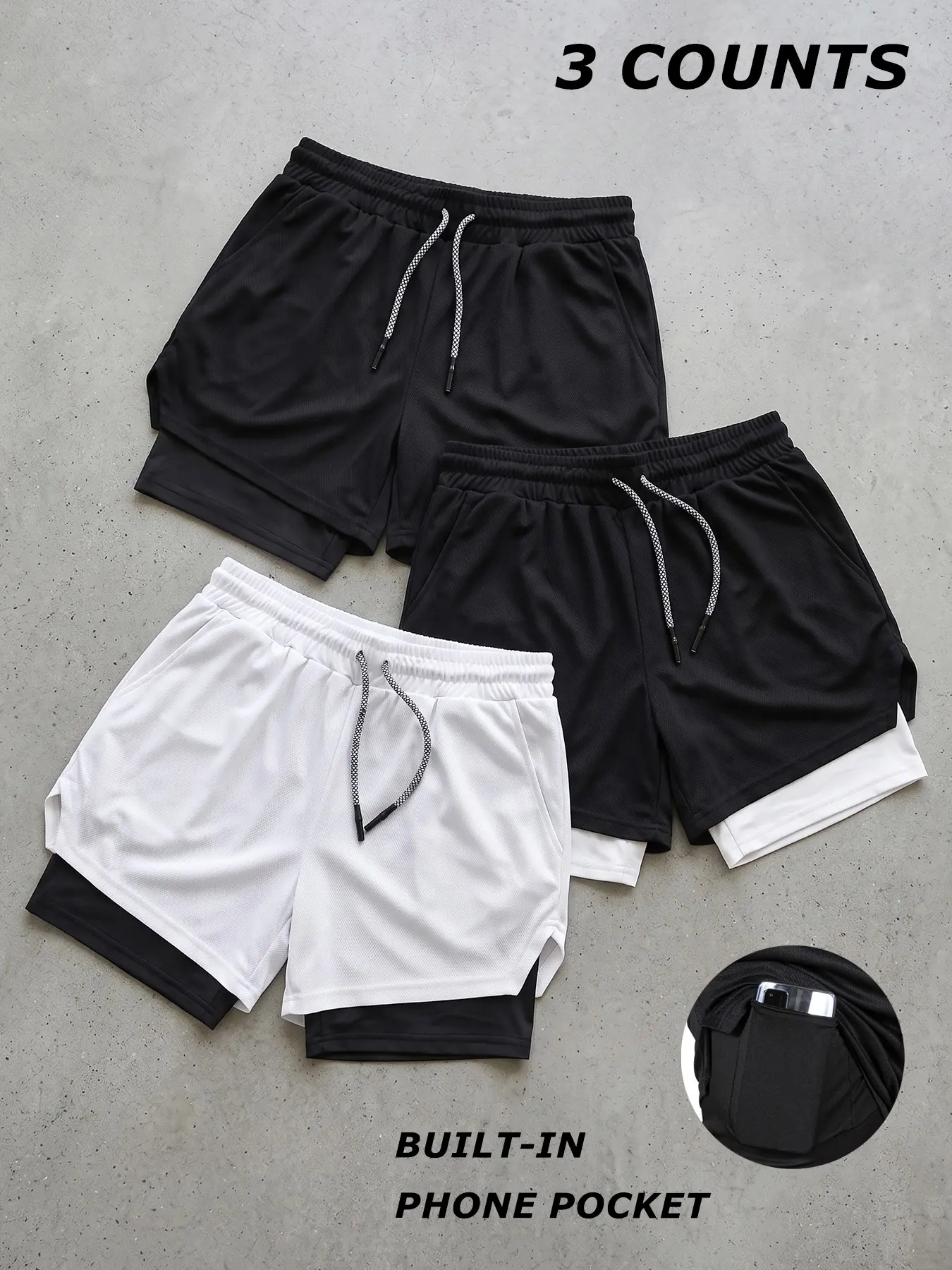 3 Piece Set Men's 2 in 1 Workout Running Shorts, Summer Quick-Dry Breathable Shorts, Gym Performance Shorts with Phone Pocket, Towel Loop, Zipper Pocket