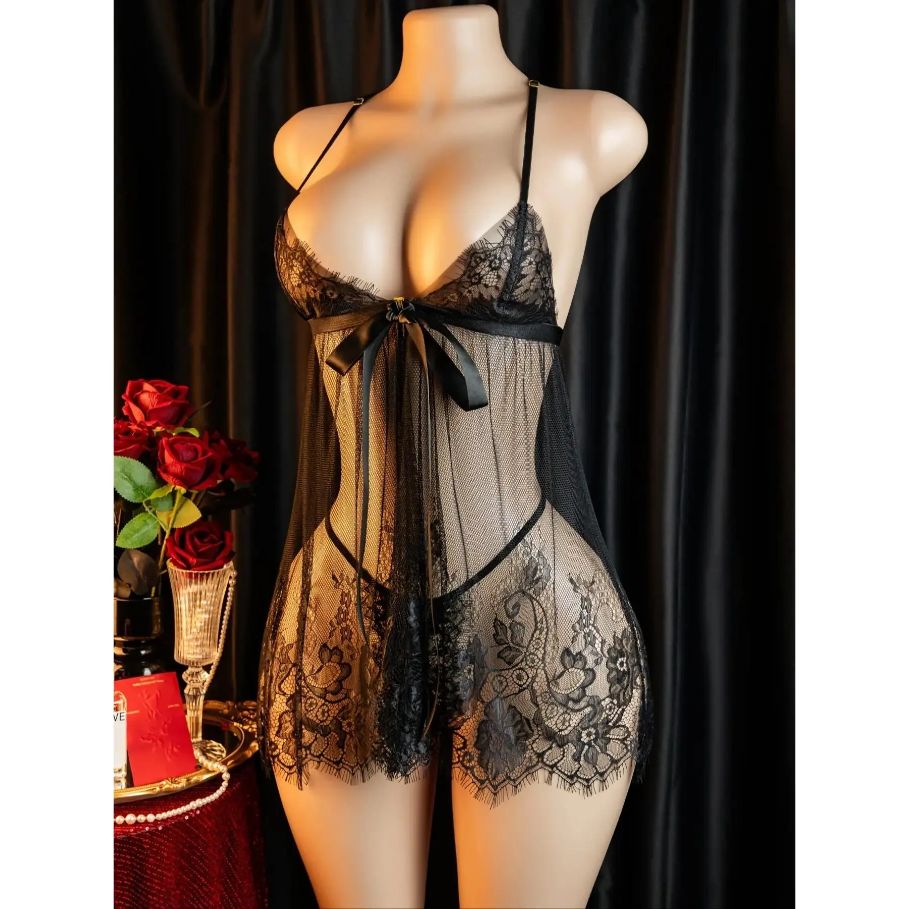 Women's Sexy Floral Lace Chemise Set Lingerie, Breathable Polyester Mesh Cami Dress, Includes Thong, All Seasons, Thin Fabric, Tight Fit