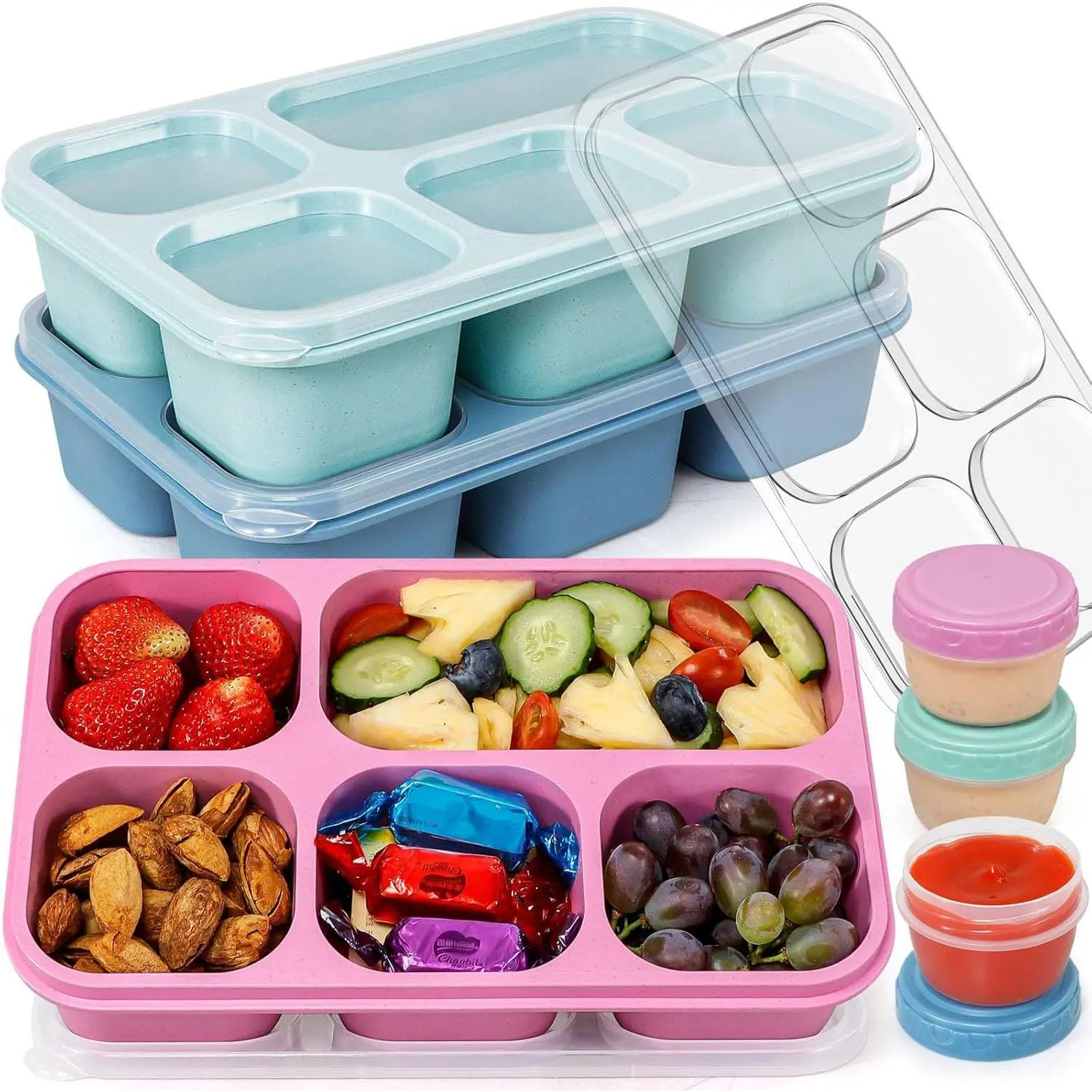Compartmentalized 3-Pack Rectangular Lunch Box Set - Reusable BPA-Free Food Storage Containers with 5 Compartments, 3 Condiment Cups, Lids for Adult Meal Prep, Work, Three Packs