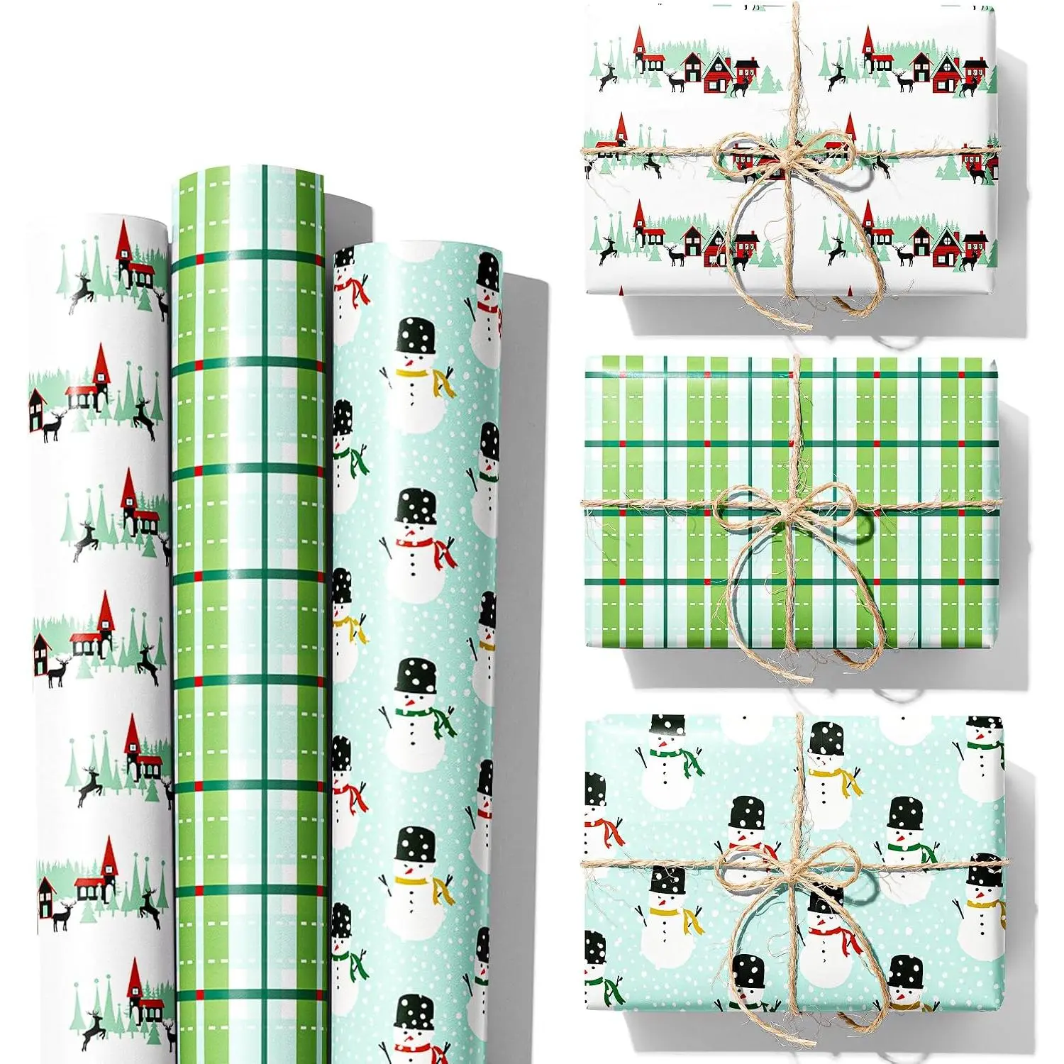 Christmas Wrapping Paper Bundle - 3 Rolls - Cute Green Christmas  Wrap -  for Holiday Birthday, Party