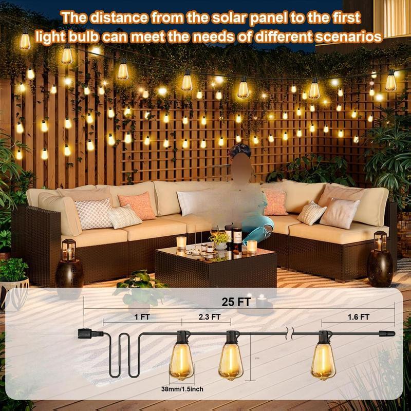 Solar String Lights Outdoor Waterproof with Remote & Timer, LED Shatterproof ST38 Bulbs, USB & Solar Powered Patio Lights for Backyard, Porch, Garden, Wedding, Christmas Decor (25FT)