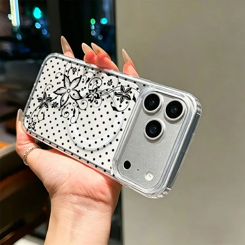 Black White Polka Dot Swirl Floral Minimal Phone Case,Simple Elegant Curly Flower Vintage Style for iPhone 17 16 15 14 13 12 11 Pro Max,Classic Feminine Daily Gift