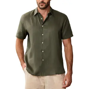 Men's 100% Linen Button Down Shirts Casual Short Sleeve Tops Collared Summer Beach Shirts