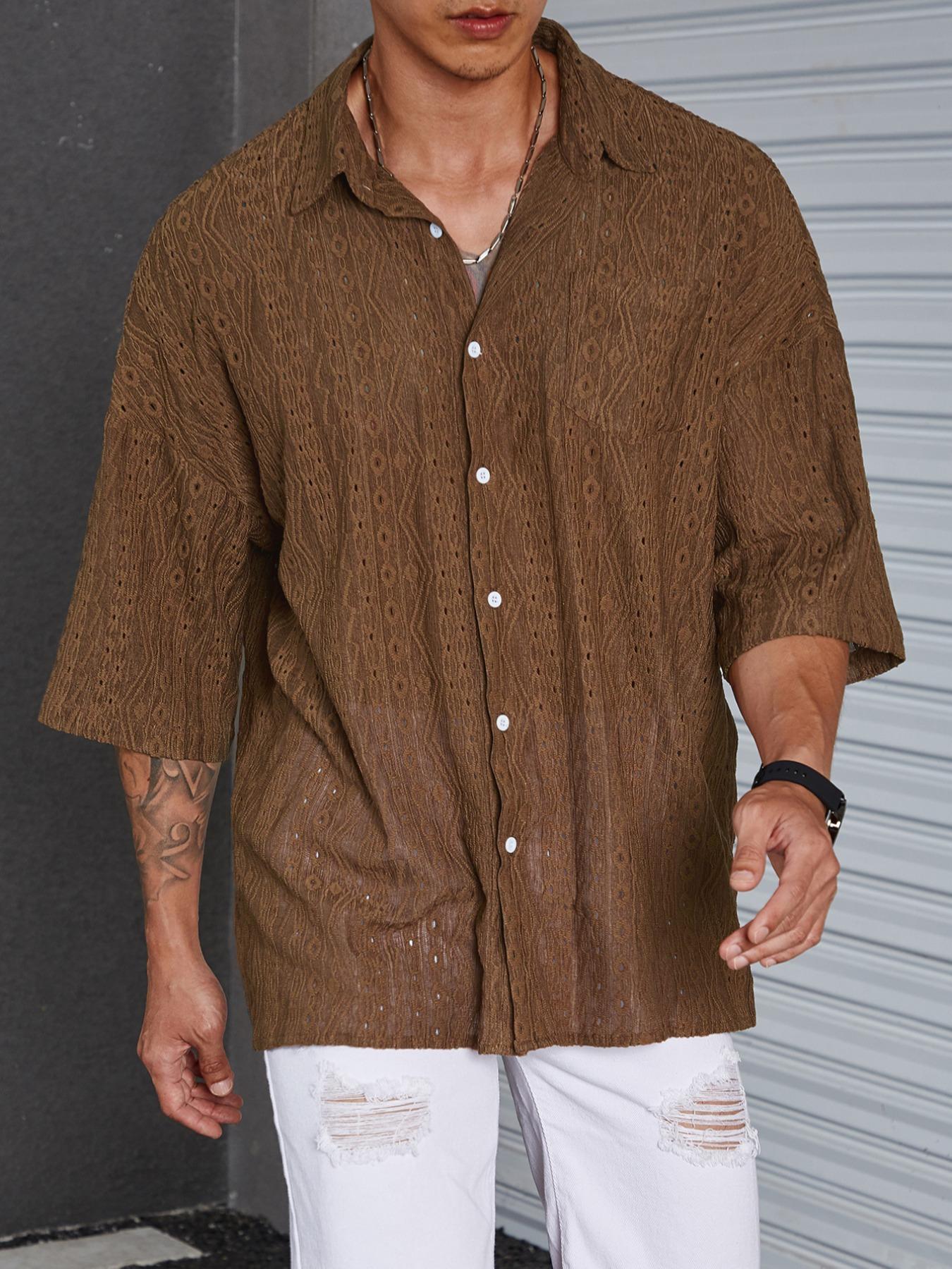 Men's Plain Hollow Out Drop Shoulder Loose Shirt, Casual Button Front ...