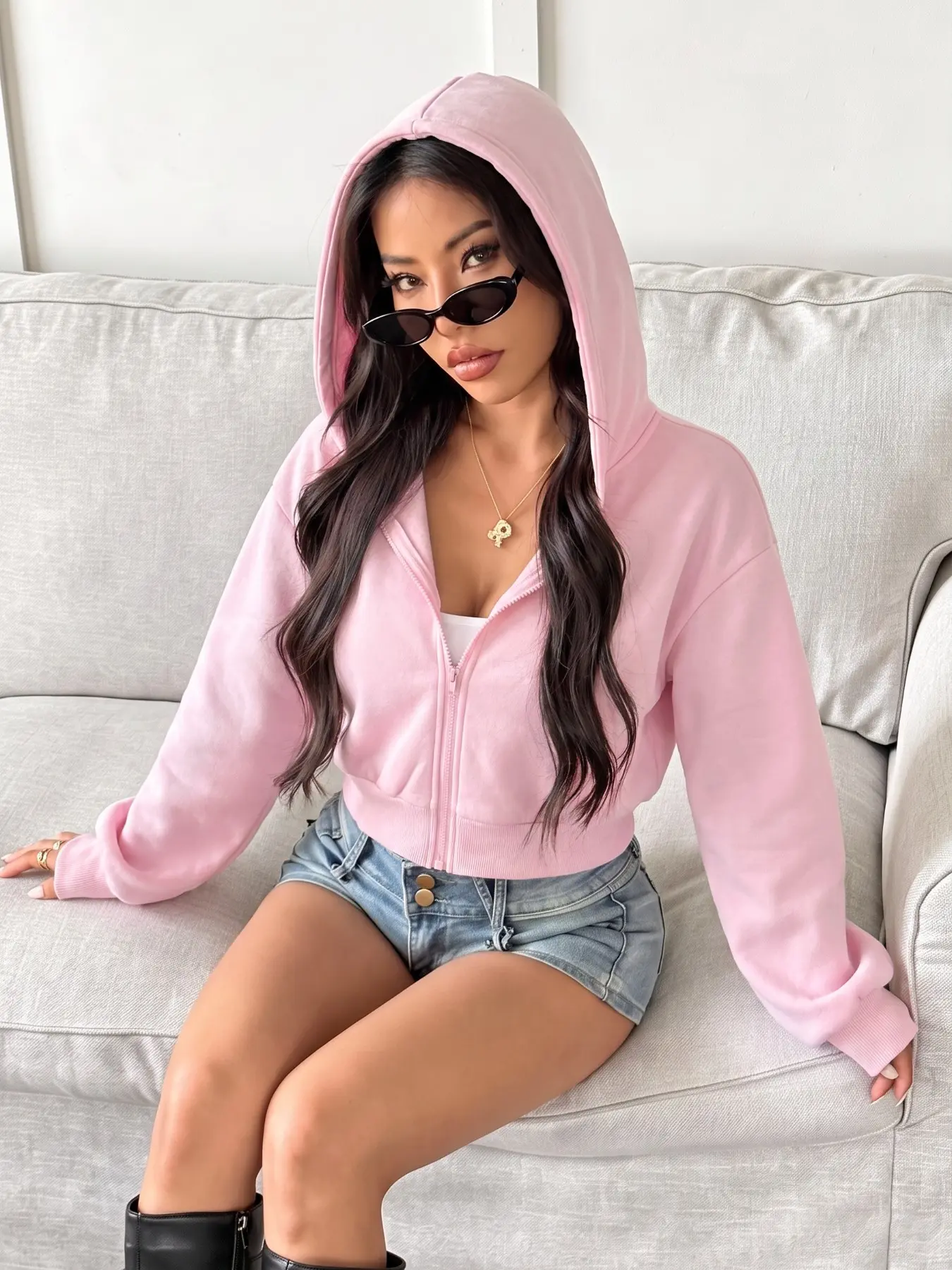 Women Oversized Solid Color Cropped Zip Up Hoodie, Long Sleeve Full Zip Hooded Jacket, Casual Loose Basic Crop Streetwear Outerwear