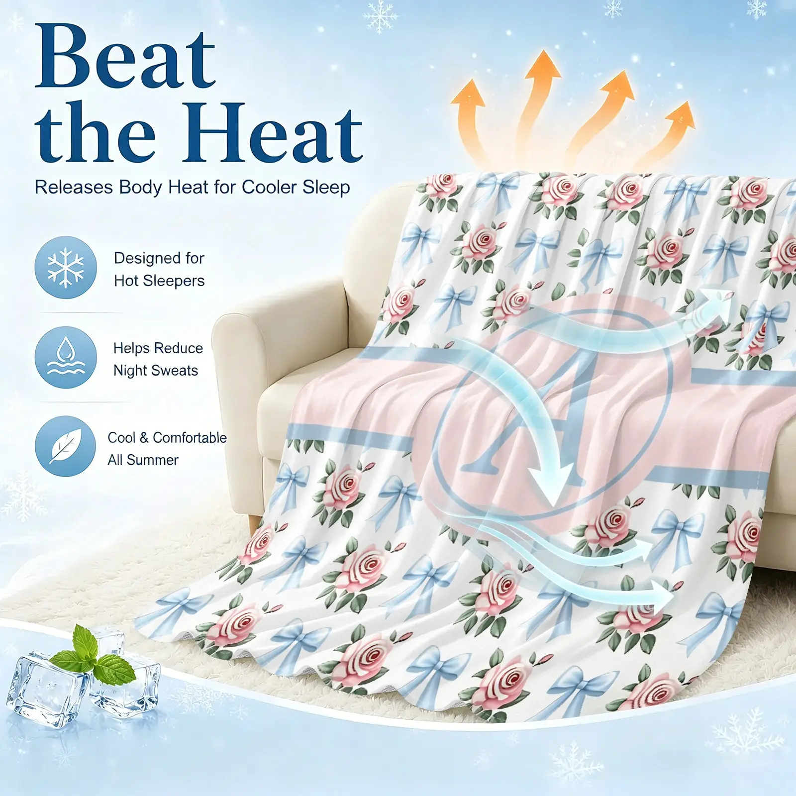 Coquette Pink Rose Cooling Blanket, Arc-Chill Q-Max >0.4 Cool Fiber Summer Throw, Lightweight Breathable Blanket for Teen Girls, Blue Bow Monogram Letter A-Z Print, Ideal for Bed, Couch, Bedroom, Summer AC Use, Comfy Blankets, Letter Pattern Blanket
