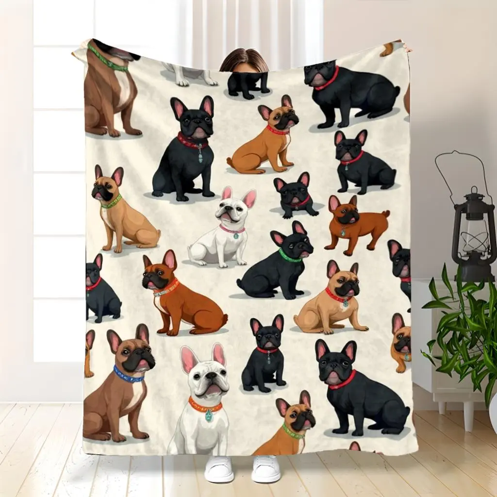 French Bulldog Print Flannel Blanket - Breathable, Machine Washable White Bedspread With White/Tan Frenchies, Cozy All-Season Sofa Throw, Durable Dog Bed Cover For Home Decor, Pet-Friendly Gift For Frenchie Lovers, Machine Wash