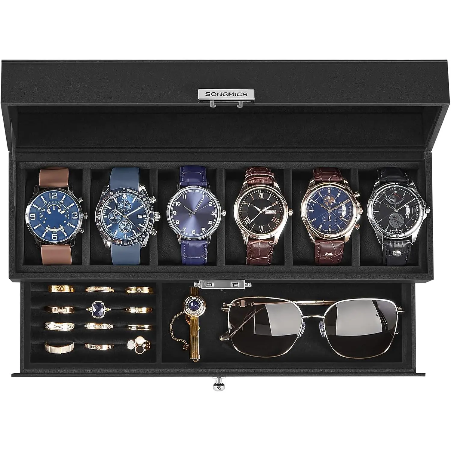 6-Slot Watch Box, Lockable with Glass Lid, 2 Layers Watch Case