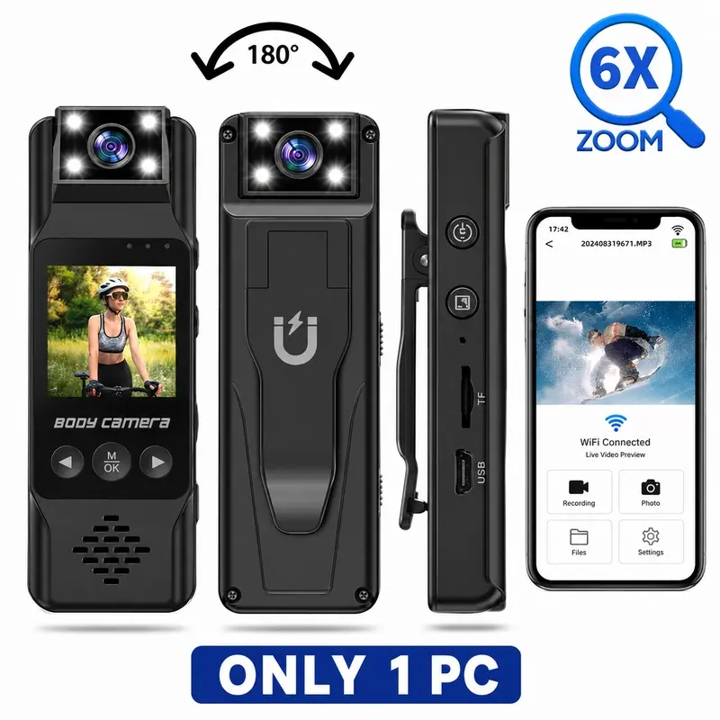 Action Camera Portable Sports Camera HD, WiFi Body Cam with 1.3" LCD Display, 180 Rotating Lens, Night Vision Recording and Magnetic Back Clip for Cycling