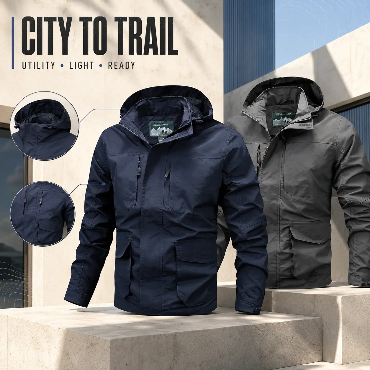 Men's Waterproof Hooded Outdoor Jacket, Multi-Pocket Hiking Windbreaker Coat