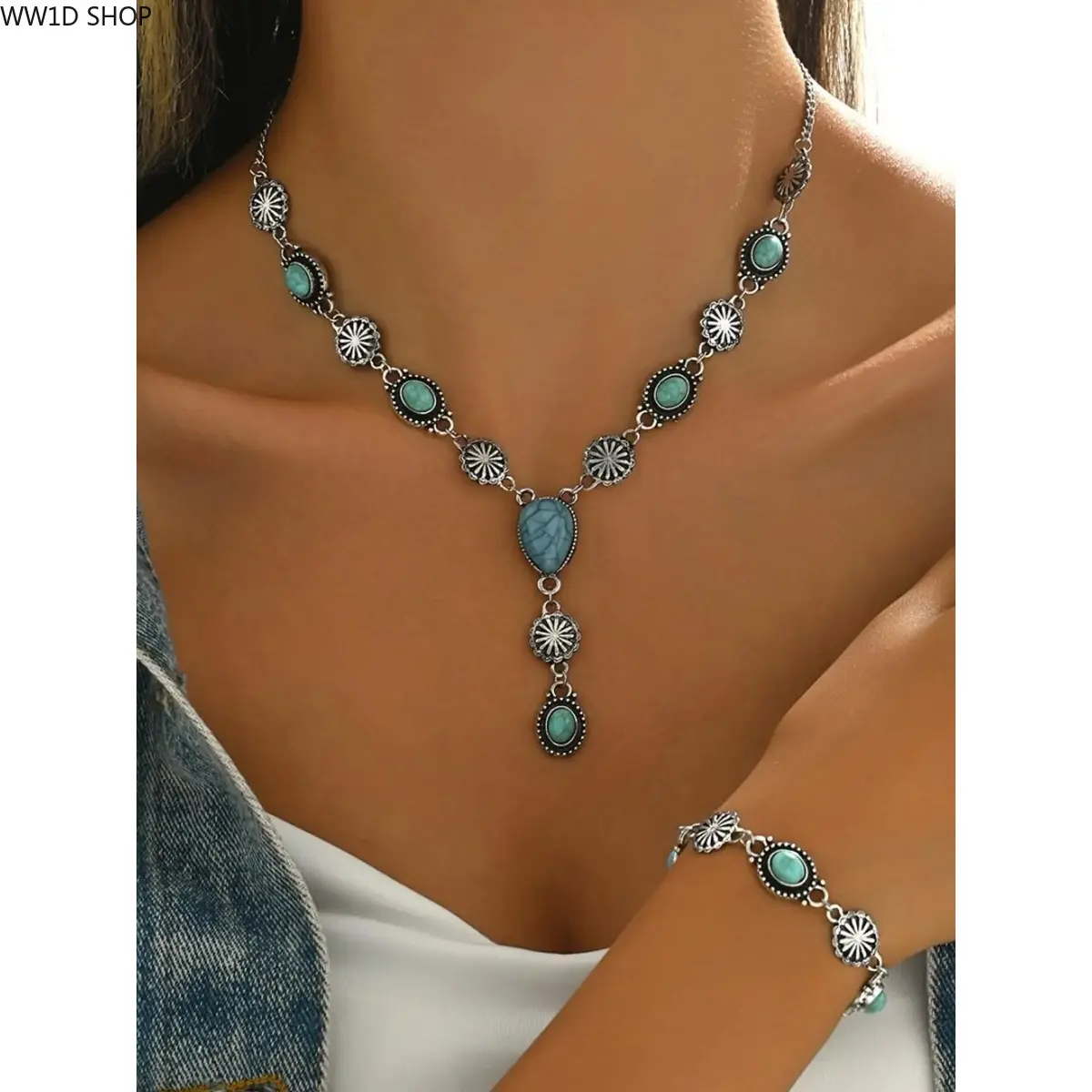 Women's Boho Turquoise Jewelry Set, Baroque Style Necklace and Bracelet with Statement Design, Fashion Accessories for Vacation, Daily Wear and Special Occasions, Peppy