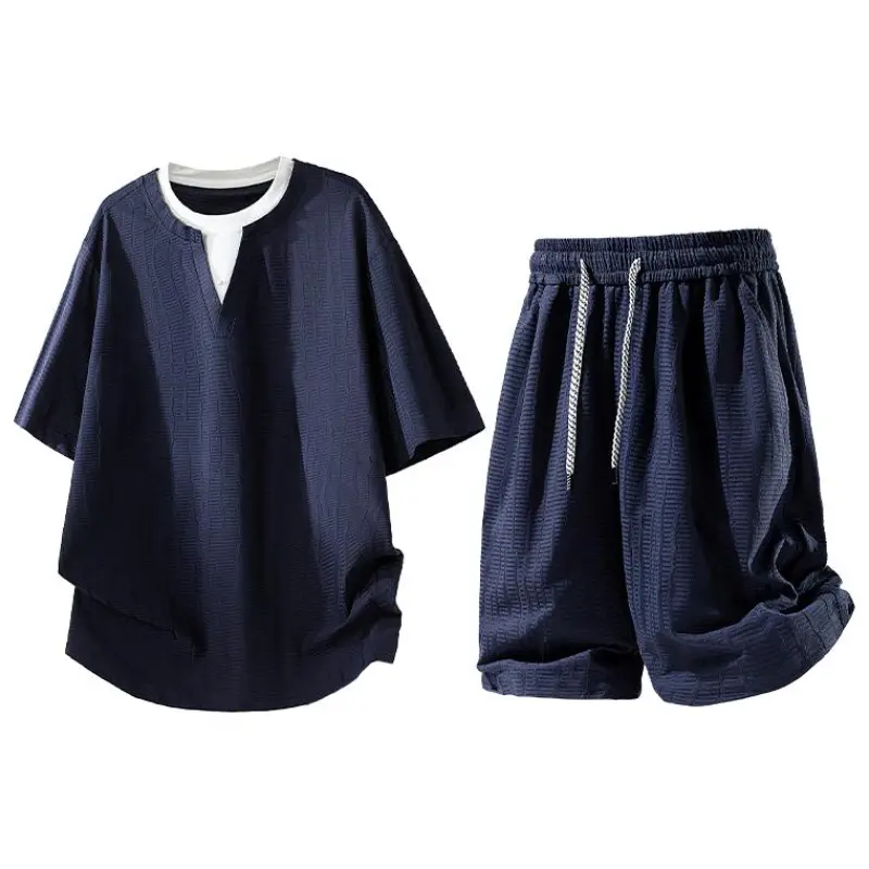 Men's Casual 2 Piece Set, Minimalist Textured Short Sleeve Henley and Drawstring Shorts, Lightweight Breathable Summer Outfit, Top, Menswear