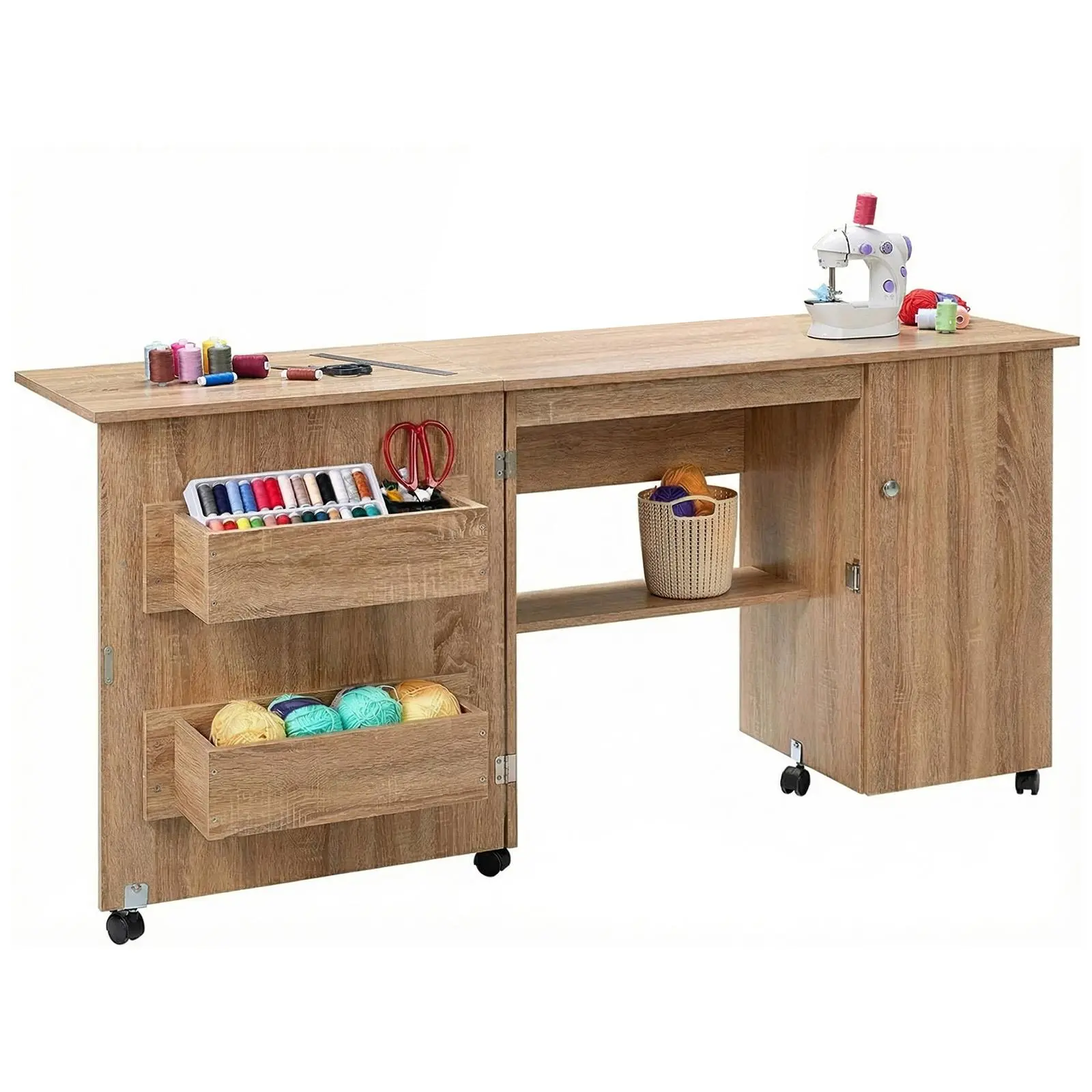 Foldable Large Engineered Wood Sewing Table for Sewing & DIY Enthusiasts - Office Furniture with Metal Storage Shelves, Trays, Lockable Wheels, Magnetic Locks, Pegs, Enhanced Mobility, Compact Multipurpose Craft Workstation, White, Assembly Required