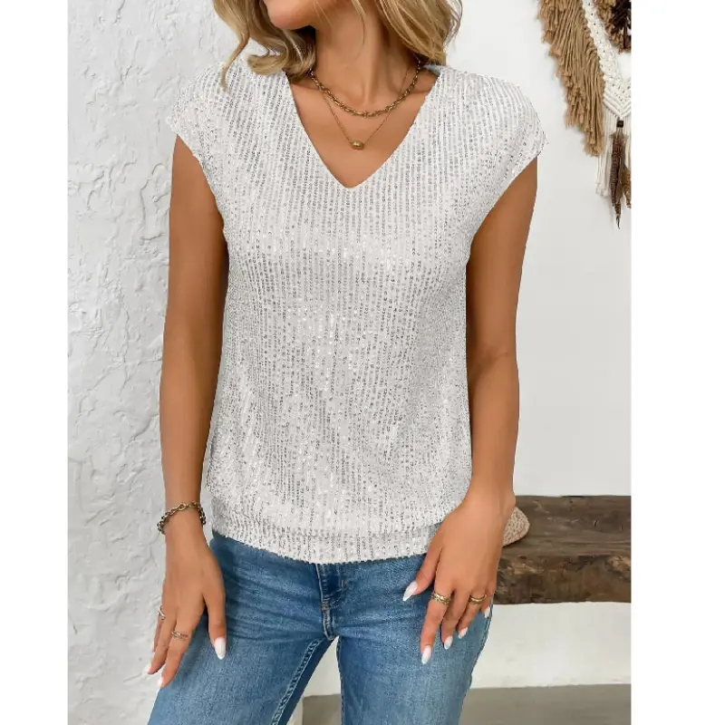 Elegant Women's Sequined V-Neck Batwing Sleeve Top Blouse, Perfect for Casual Wear and Parties, Fashionable Night Out Style