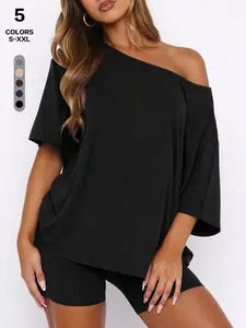 Women's Off-Shoulder Short Sleeve Top + Tight Shorts Set, Loose Fit One-Piece Casual, Soft Knit Home & Outdoor Sports Two-Piece Set