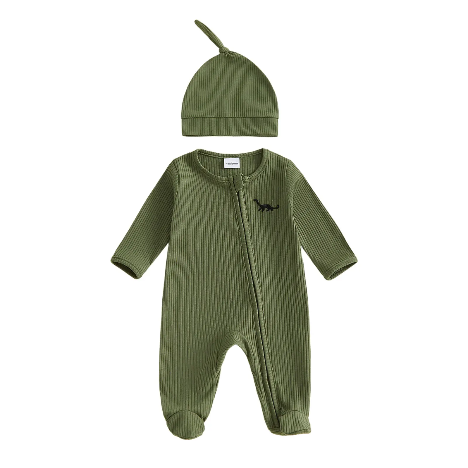 Newborn Baby Boy Fall Romper and Hat Footed Pajamas Dinosaur Embroidery Jumpsuit 0-12 Months