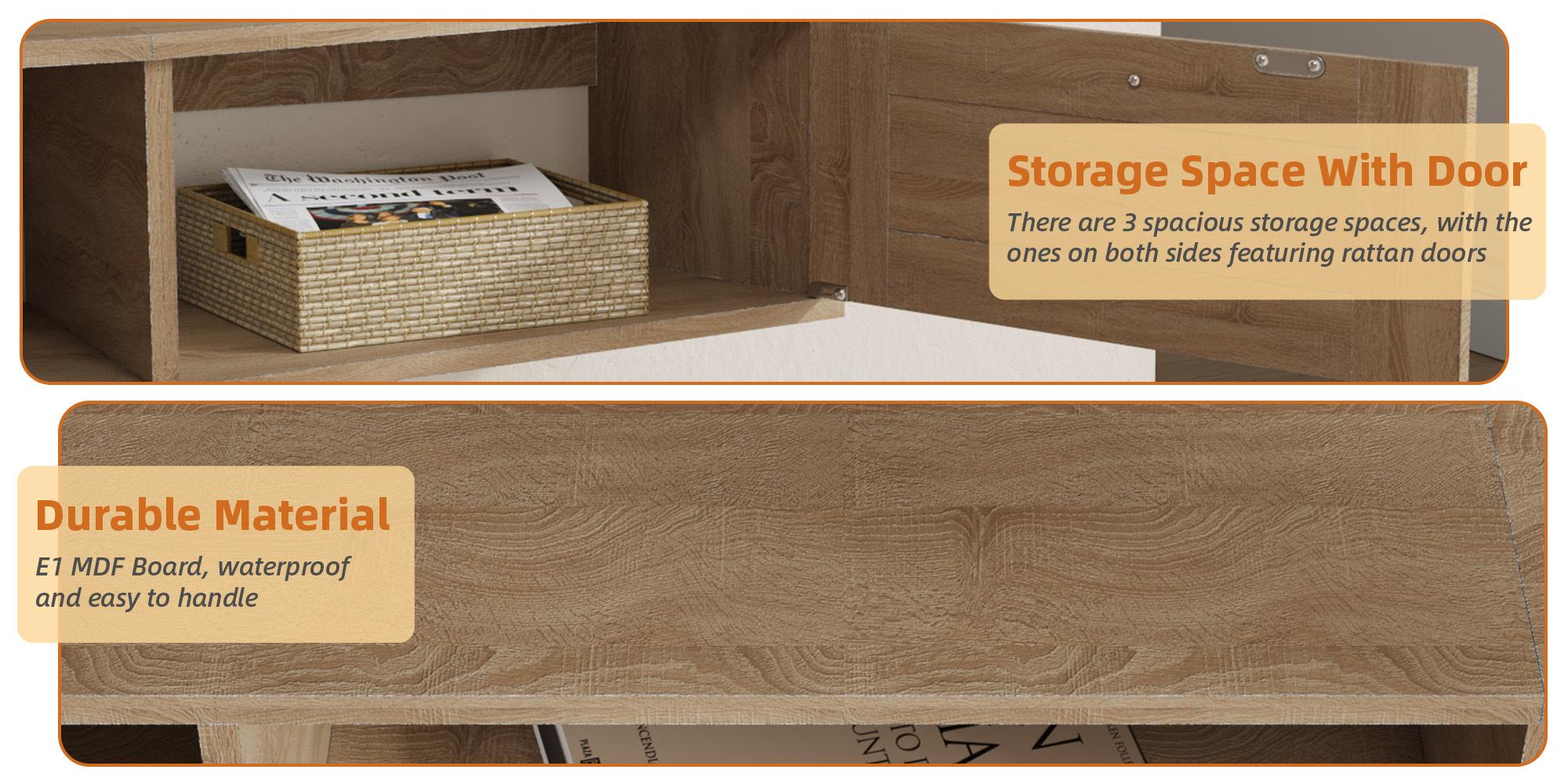 70"x8" Modern Floating TV Cabinet, Wall-Mounted with Rattan-Woven Drawers & Open Shelf, Space-Saving Design for 55-75 Inch TVs, Ideal for Living Room, Bedroom, Light Brown