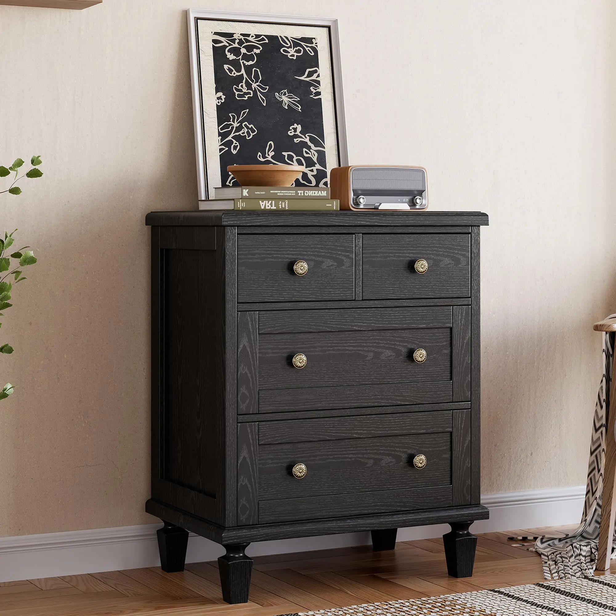 Elegant Storage Cabinet – 4 Drawer Dresser for Bedroom – Mid Century Modern Chest with Tapered Legs & Carved Handles – Large Capacity Wood Organizer