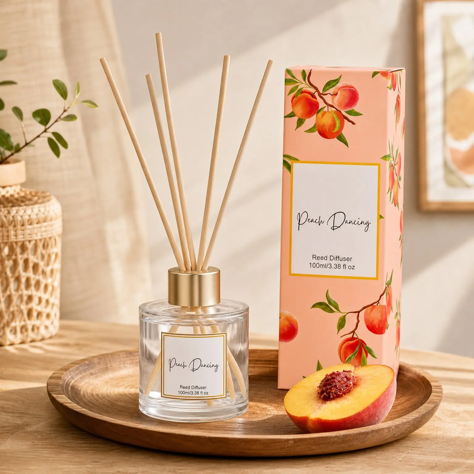 100ml / 3.5 oz Reed Diffuser Set with 6 Fiber Sticks | Peach Aromatherapy Fragrance Air Freshener for Home, Bedroom & BathroomGift