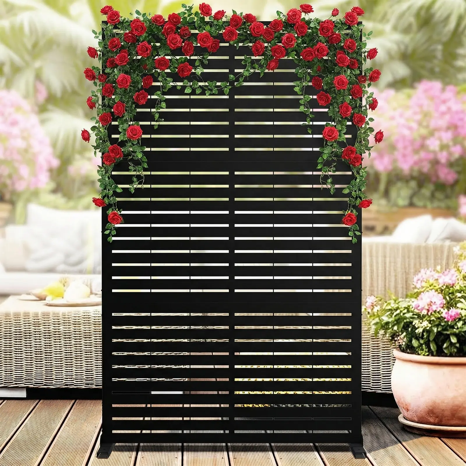 Freestanding Rustproof Steel Privacy Screen Panel - Modern Laser Cut Metal Decorative Outdoor Fence - Weather-Resistant Garden Divider for Patio, Balcony, Backyard, Trash Can or AC Unit Cover