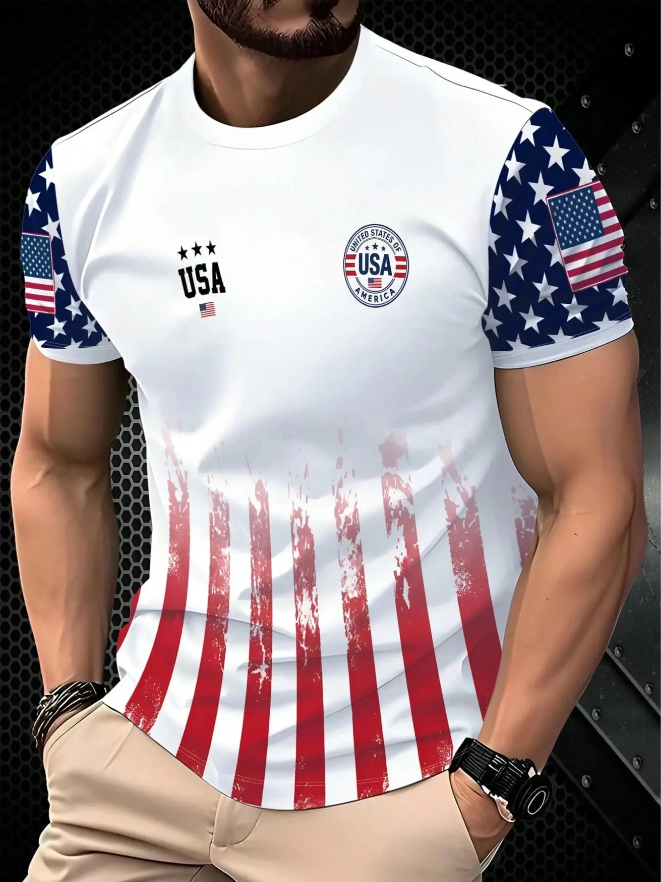 Men's Base American Stars Sleeve Distressed Vertical Stripes T-Shirt, Four Star Usa Letter Print Patriotic Casual Streetwear Short Sleeve