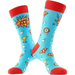 Super Dad Socks, Funny Dad Socks Gift for Father’s Day, Novelty Cotton Dress Socks for Men, Seamless Toe Breathable Crazy Socks for Dad Husband Grandpa, Size 8-12Gift.