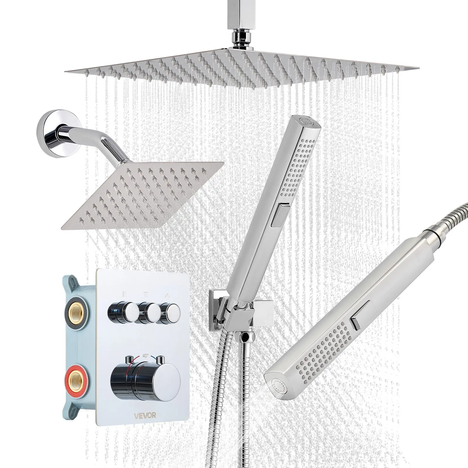 VEVOR Thermostatic Shower Faucet Set with Shower Heads - 12 inch Ceiling-Mount Rain Unit, 6in Wall-Mount Head, Adjustable 2-in-1 Handheld Spray, 3-Function Copper Valve Trim Kit, Chrome, NPT 1/2in, No Accidental Spray, Modern Design