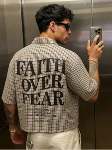 Men's Brown White Mini Gingham Lapel Collar Short Sleeve Button Down Shirt, Back Large Faith Over Fear Slogan And Psalm Verse Letter Graphic Print, Cropped Loose Oversized Boxy Cut, Vintage Street Daily Casual Short Sleeve Shirt