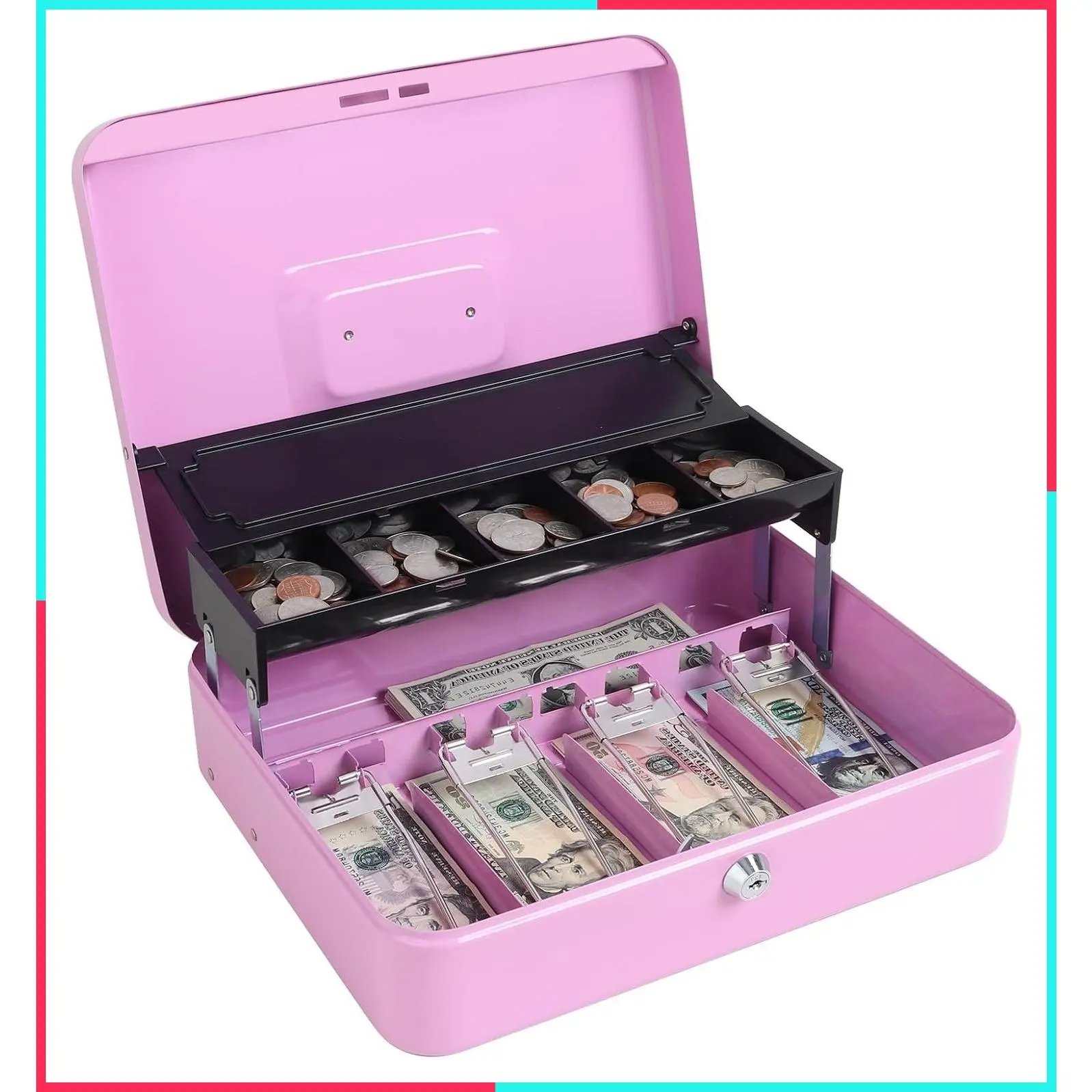 Metal Cash Box with Money Tray and Lock, Portable Cash Drawer, 11.8 Inch