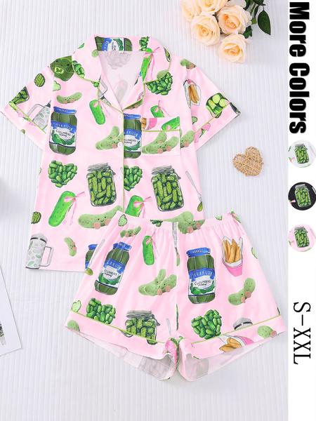Women's Cucumber Print Short Sleeve Pajama Set, Casual Comfy Button Front Chest Pocket Design Lapel Neck Top & Elastic Waist Shorts PJ Set, Ladies Sleepwear Loungewear