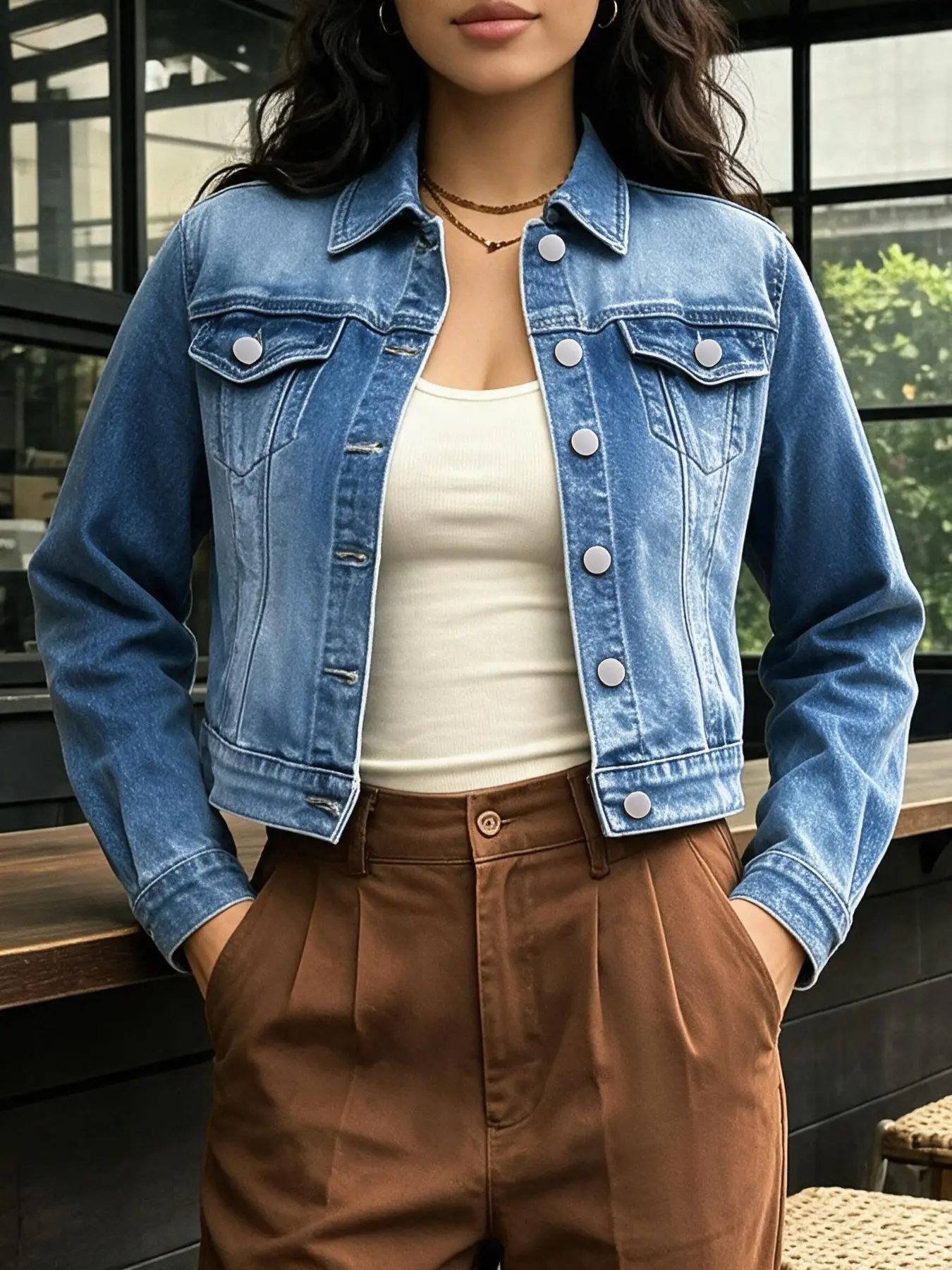 Women's Denim Jacket with Multiple Pockets, Long Sleeve Washed Blue Jeans Coat, Casual Streetwear for Daily, Fashionable and Versatile