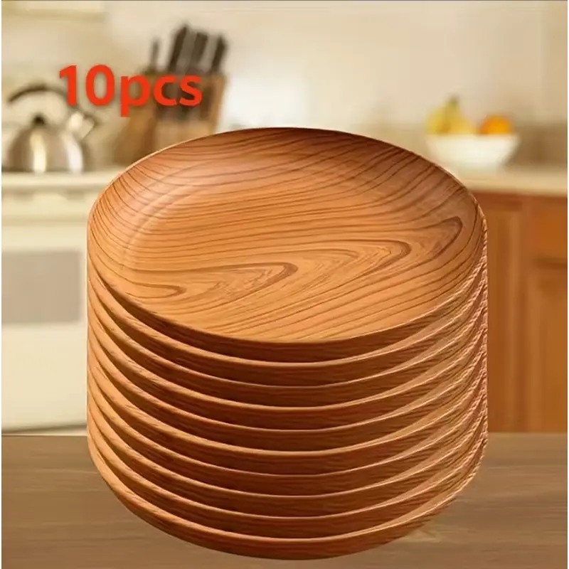 10pcs creative new wood grain color plate-plastic material circular stripe pattern | high luxury is suitable for home, dessert shop restaurant snack fruit tray, water cup tea tray | commercial cake dessert plate.